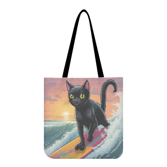 A Cat Surfing All-Over Print Cloth Tote Bag from popcustoms, made from a polyester-cotton blend.