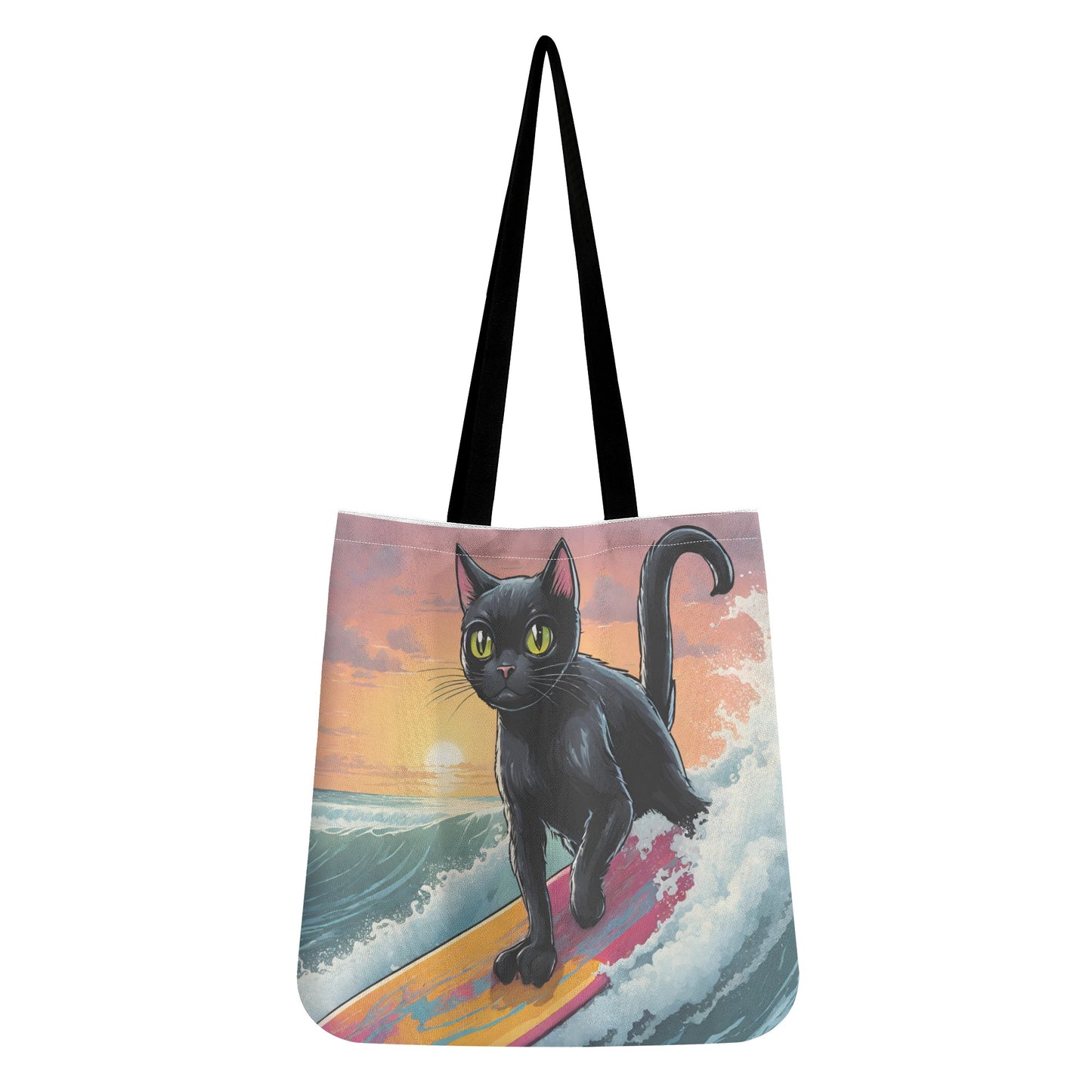 A durable Cat Surfing All-Over Print Cloth Tote Bag by popcustoms on a surfboard.