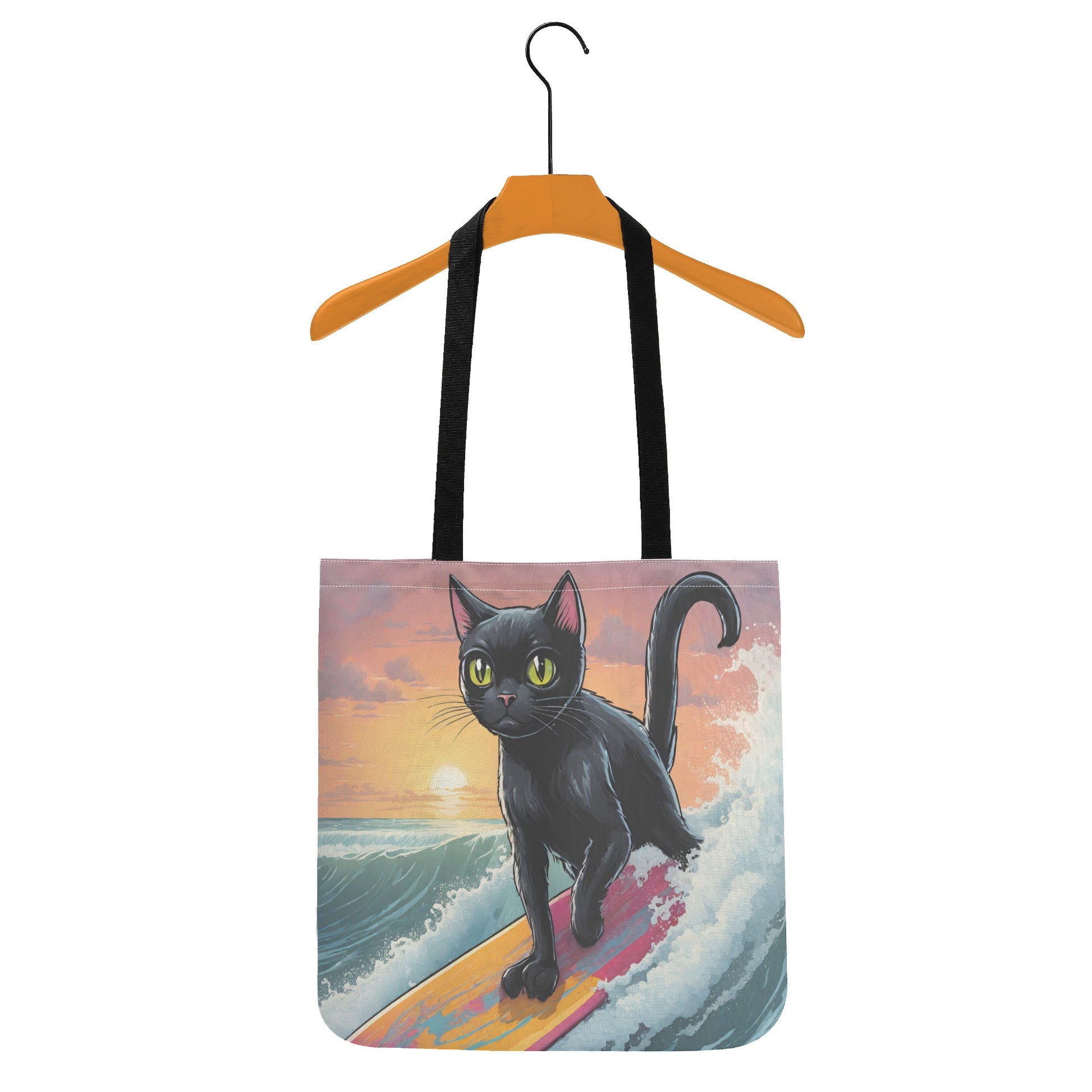 A durable Cat Surfing All-Over Print Cloth Tote Bag made from a polyester-cotton blend by popcustoms.