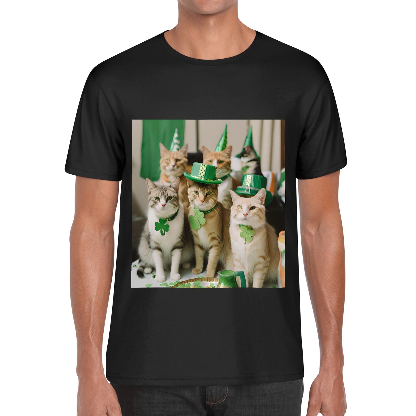 St. Patricks Day Party Cats Mens Cotton Front & Back Printing T-Shirt