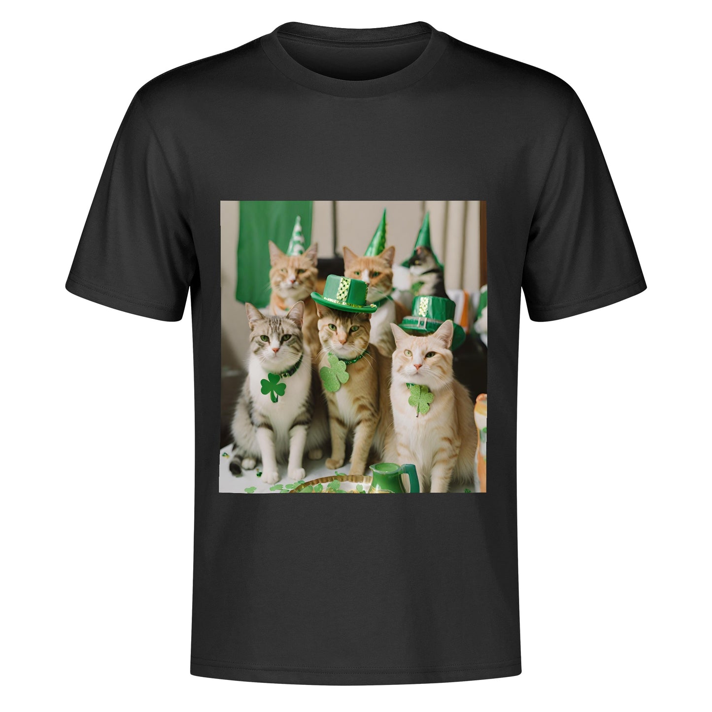 St. Patricks Day Party Cats Mens Cotton Front & Back Printing T-Shirt