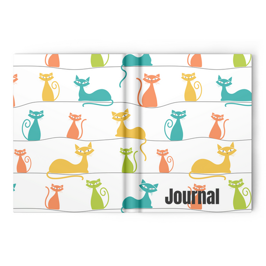 A Koda & Khloe Designs journal with cats on its matte laminated cover, filled with college ruled pages.