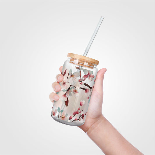 Cherry Blossom Glass Soda Can with lid and straw